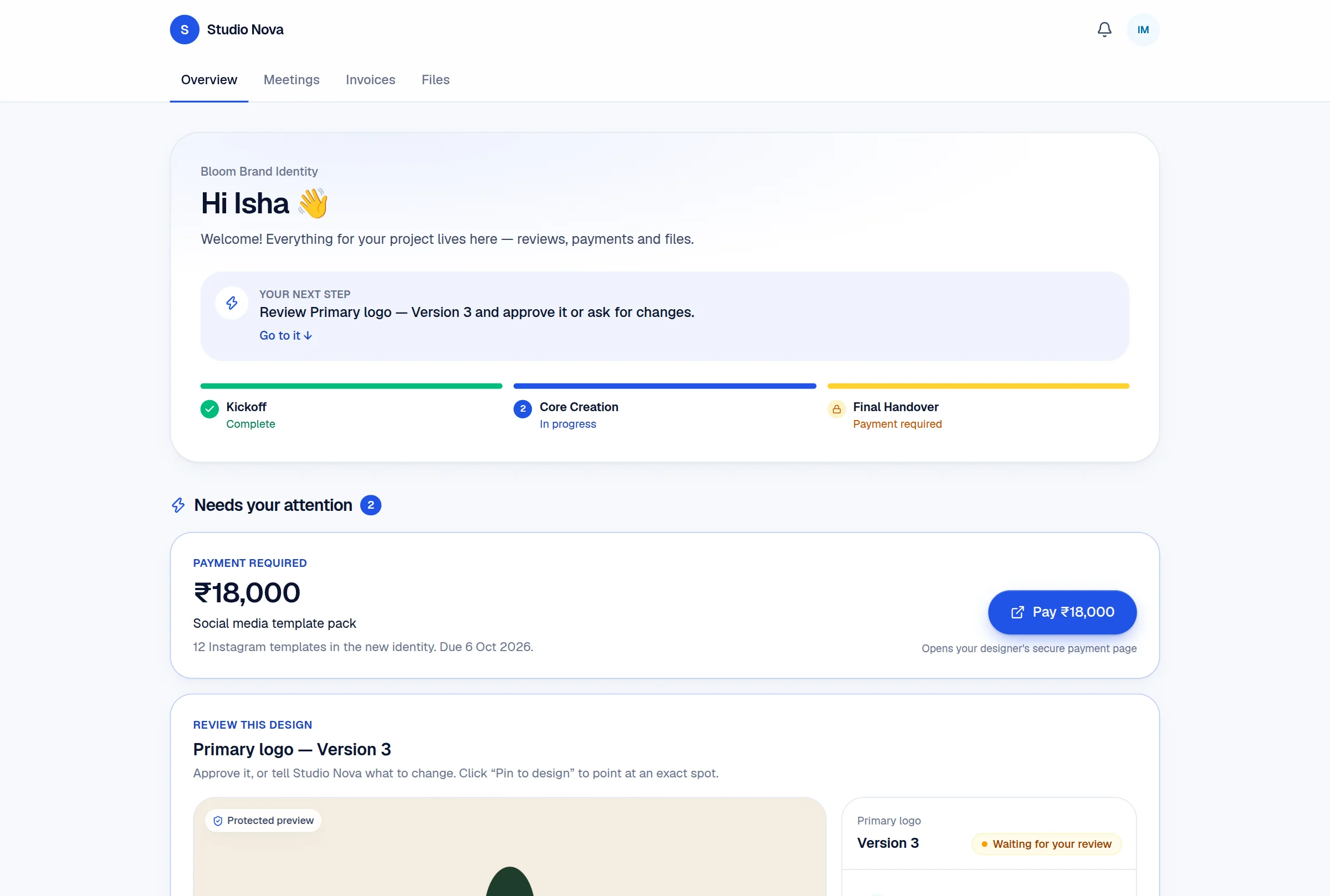 Wuilder client portal with the next step and a stage tracker