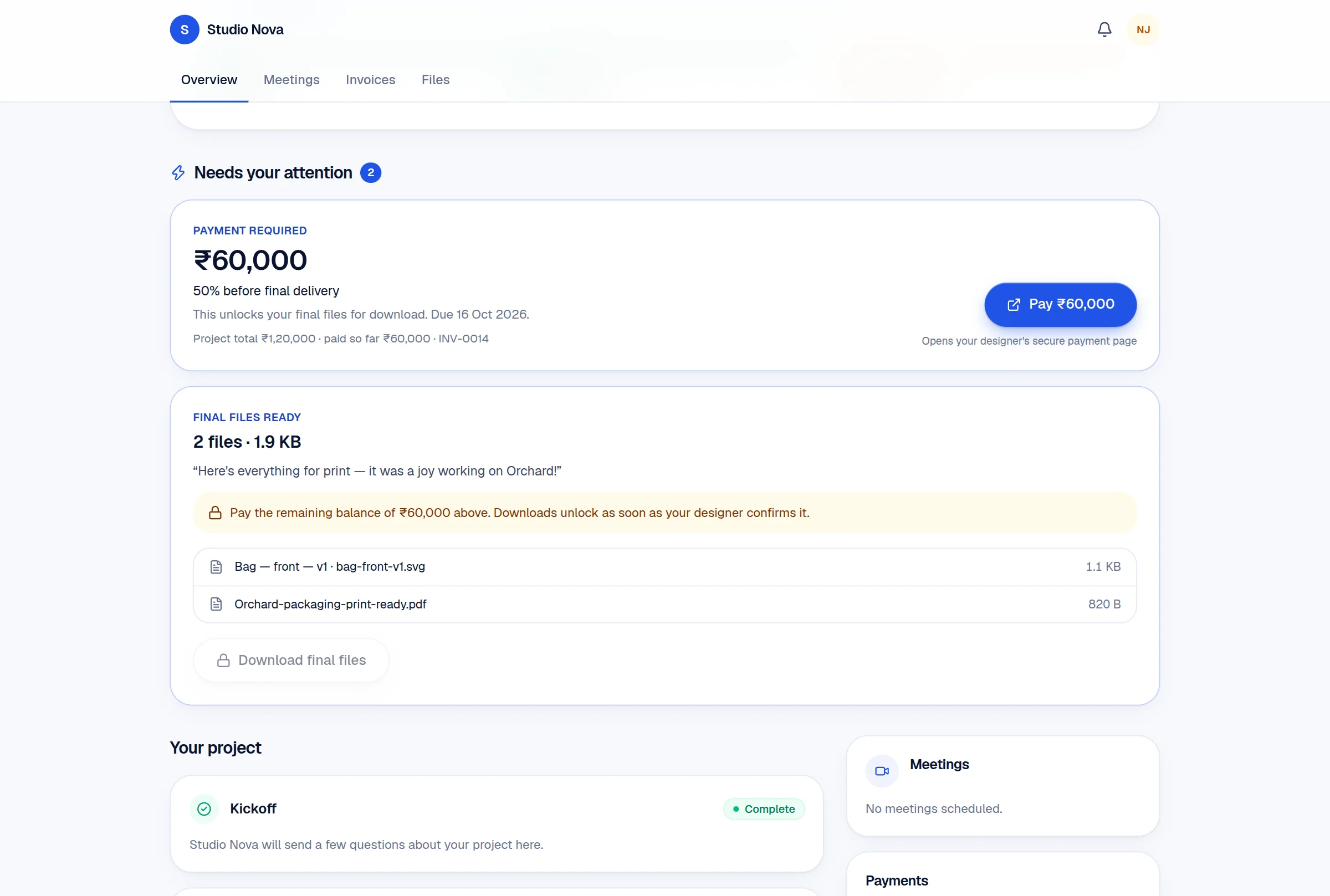 Wuilder client portal with final files waiting on the last payment