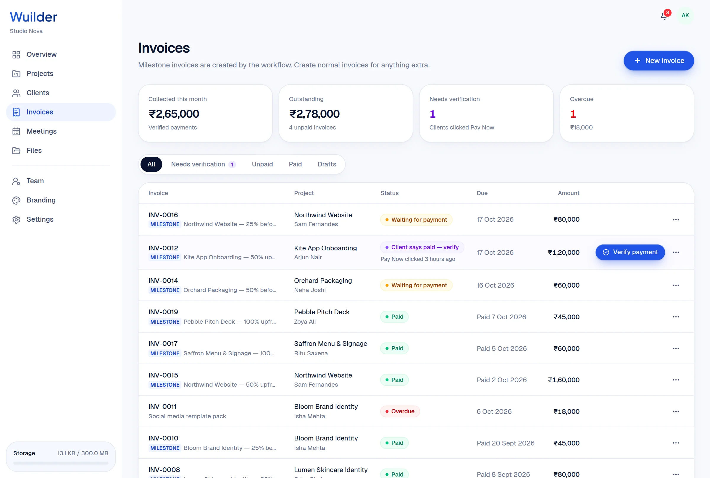 Wuilder invoices with milestone invoices, payments to verify and money outstanding