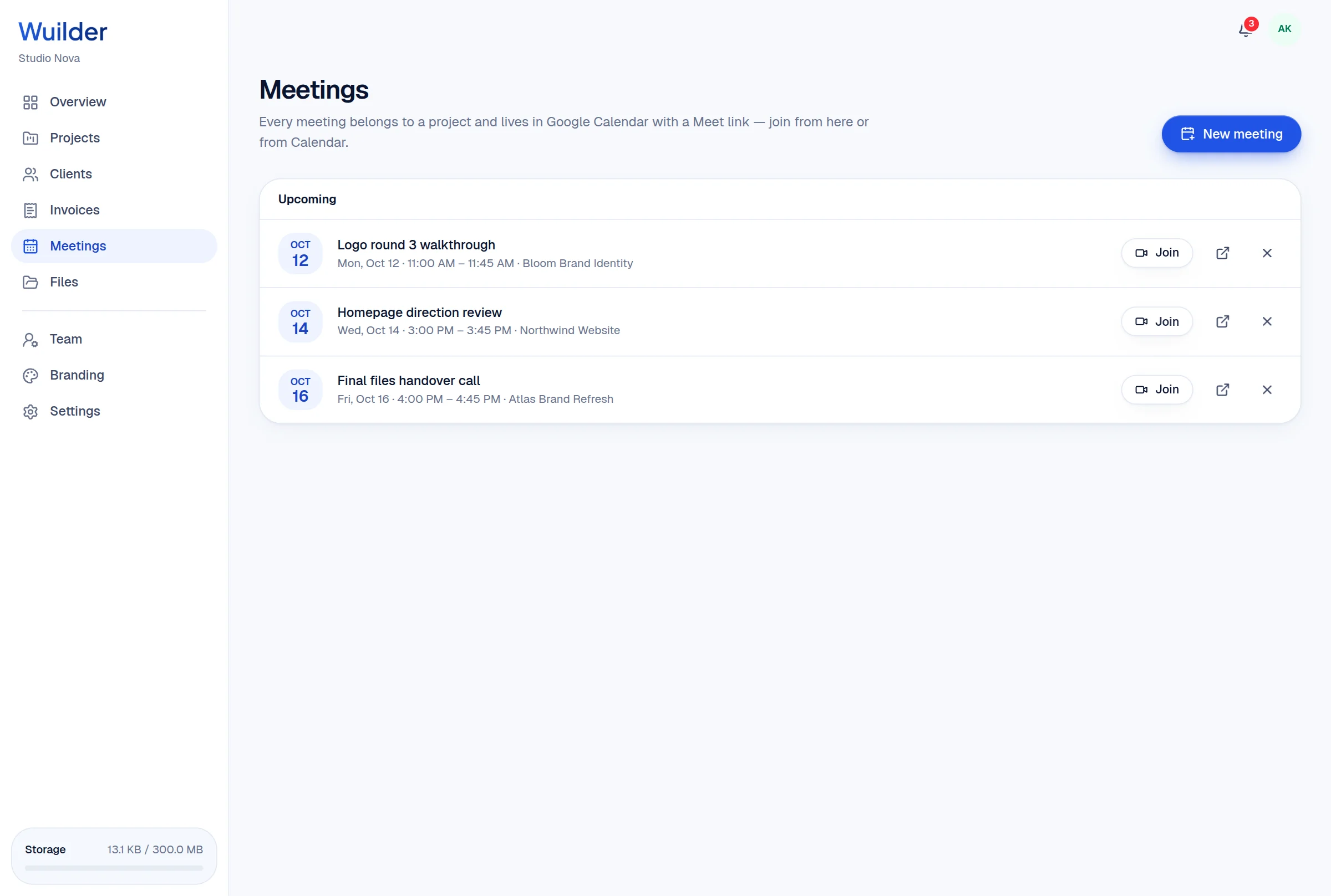 Wuilder meetings with Google Meet join buttons