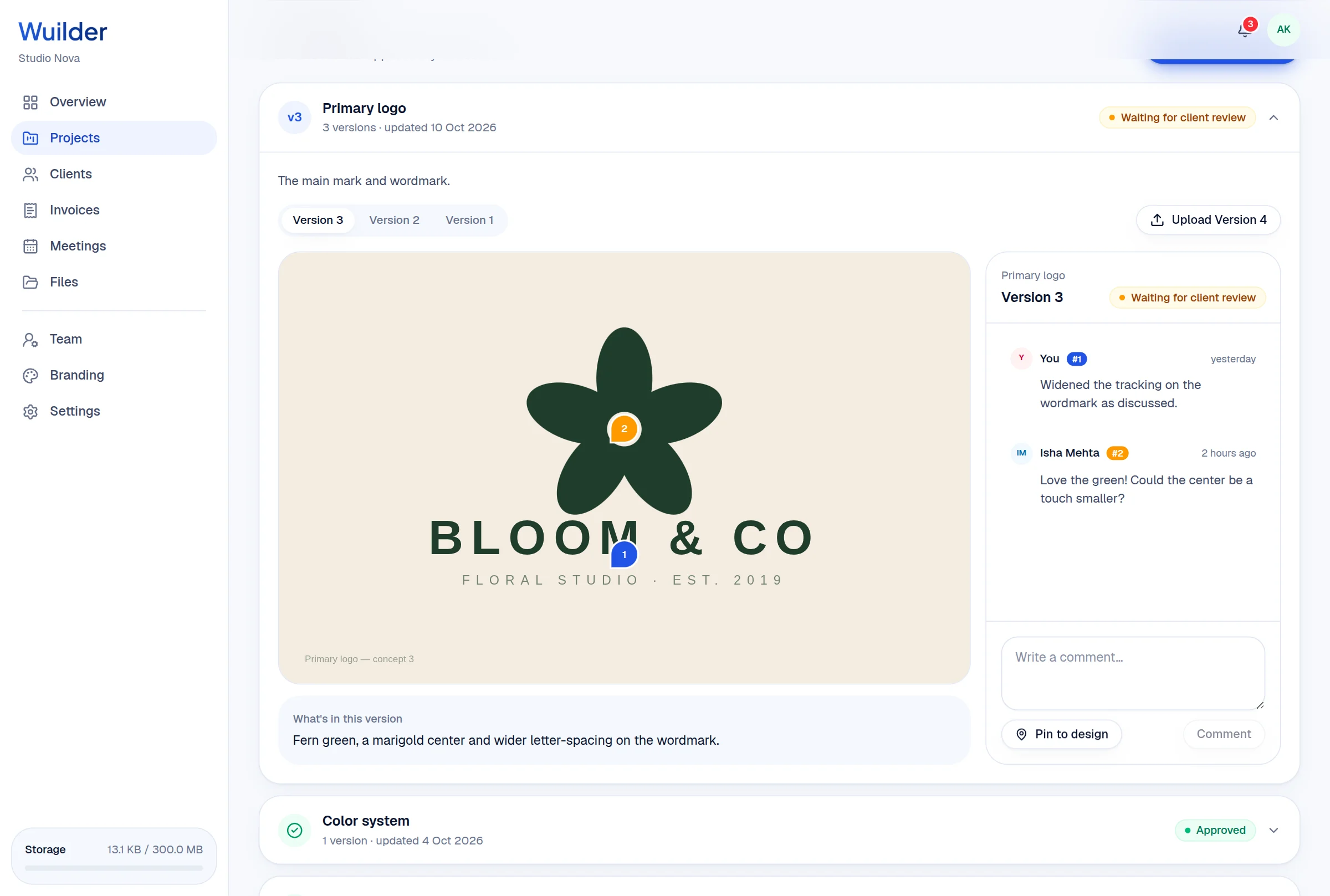 Wuilder version viewer with pinned comments on a logo